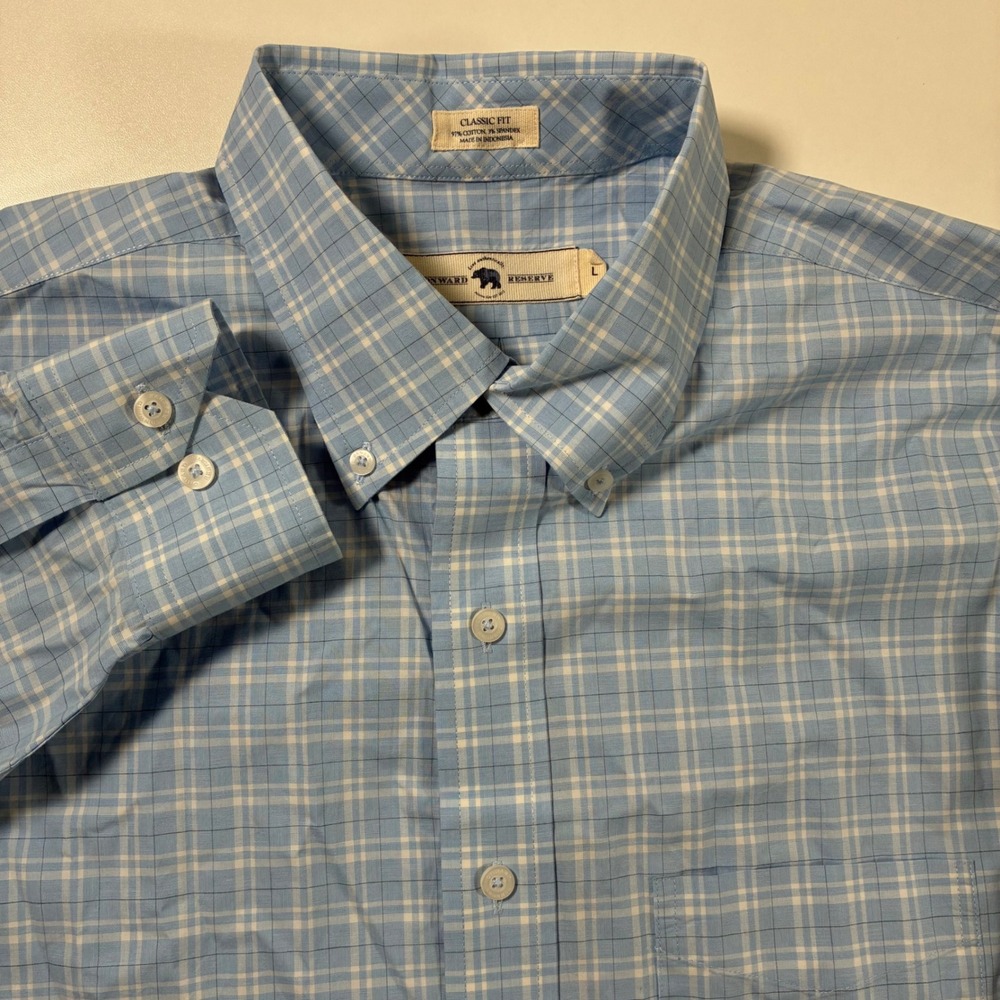 Onward Reserve Button Down Shirt Large Light Blue Plaid Classic Fit Stretch